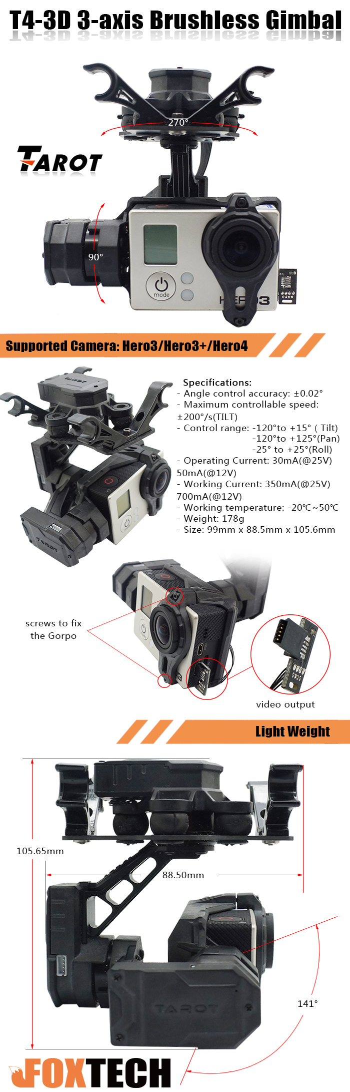 Tarot T4-3D 3-Axis Stabilized Brushless Gimbal For Gopro Hero 4/3+/3 FPV TL3D01